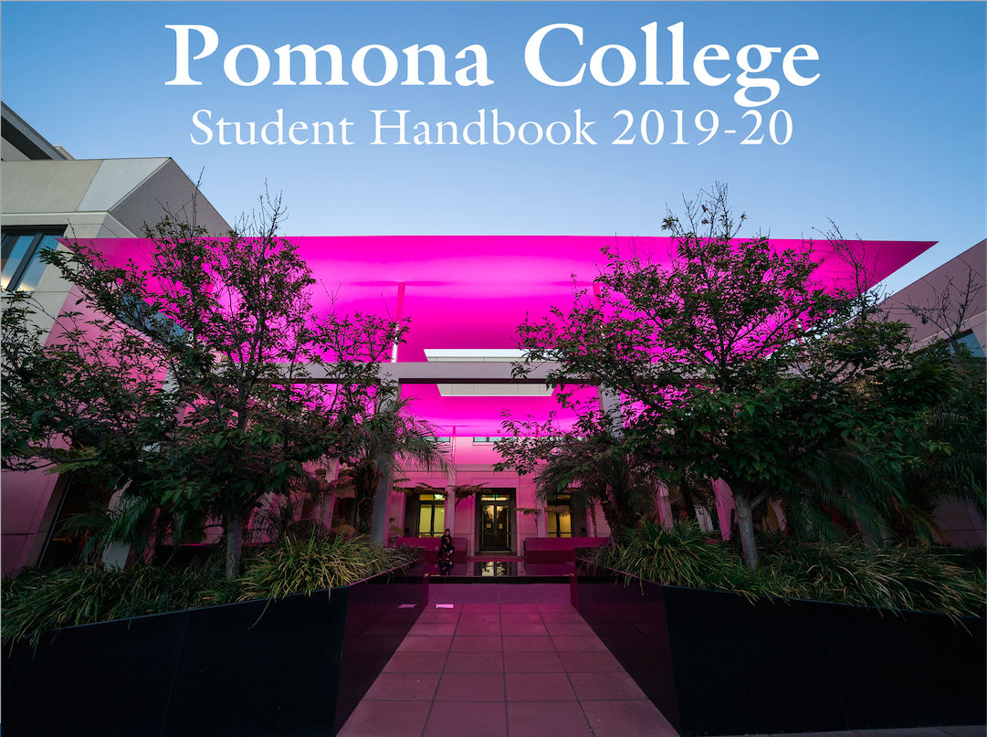 Photo of James Turrell art installation, "Sky Space," with "Pomona College Student Handbook 2019-20," typed across the photo.